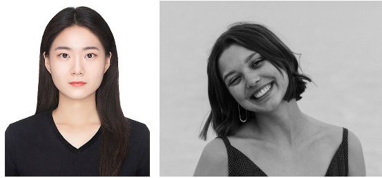Side-by-side portraits of two women: one with long straight hair and a neutral expression, the other with short hair, smiling in a black-and-white photo.